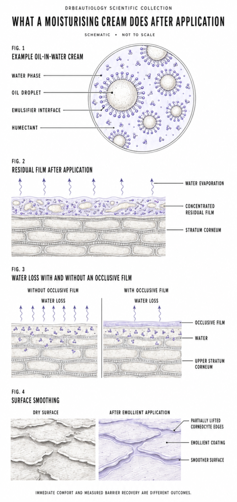 **What a moisturising cream does after application.** In this example oil-in-water cream, emulsifiers stabilise oil droplets within a continuous water phase containing humectants (Fig. 1). After the cream is spread, some water evaporates and the remaining ingredients become concentrated in a residual film on the stratum corneum (Fig. 2). Occlusive components slow the escape of water compared with uncovered skin, although water loss continues (Fig. 3). Emollients coat the uneven surface of dry skin and smooth partially lifted corneocyte edges (Fig. 4). These physical effects can improve softness and comfort soon after application. 