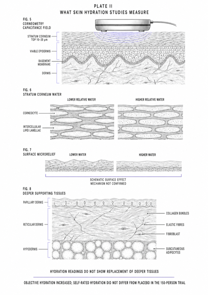 **Plate II. What skin-hydration studies actually measure.** A corneometer detects water-related changes in electrical capacitance within approximately the upper 10 to 20 µm of the stratum corneum. Water causes corneocytes to swell, which may smooth the skin surface and make shallow dehydration lines appear less pronounced. Figure 7 illustrates this possible surface effect rather than a mechanism confirmed by the trial. Collagen bundles, elastic fibres, fibroblasts and subcutaneous fat lie deeper and require other measurement methods. In the 12-week trial of 150 adults, corneometry detected higher facial hydration with oral sodium hyaluronate, while self-rated hydration improved similarly in the supplement and placebo groups.
